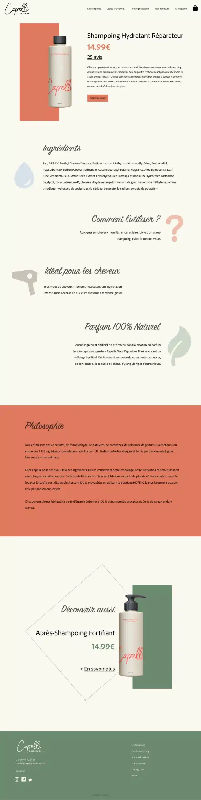 webdesign de la page produit du site capelli