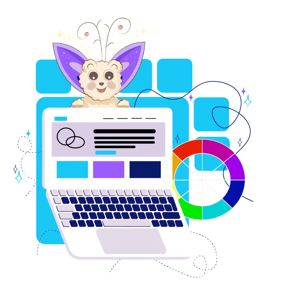illustration pour le header de la page d'accueil de l'agence de webdesign, il y a un ordinateur et un cercle chromatique